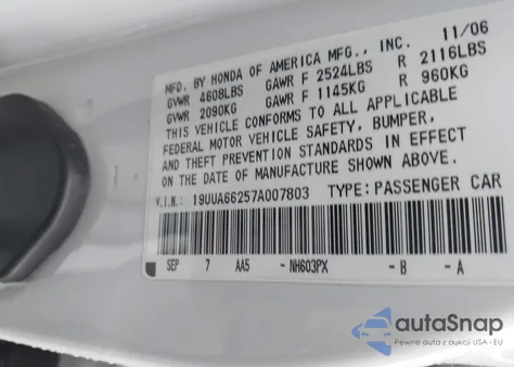 2007 Acura Tl 3.2 из США, поврежденный, VIN 19UUA66257A007803